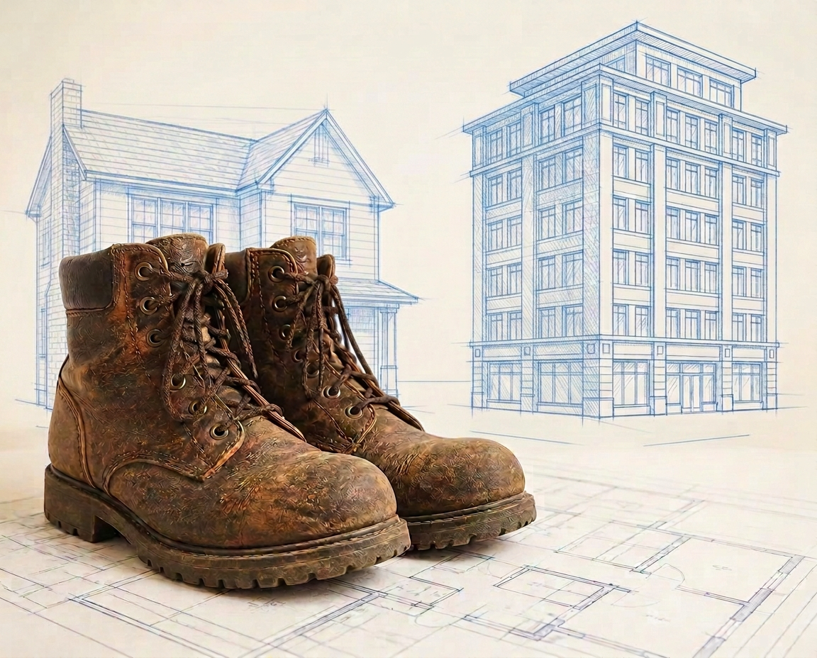 Work boots on a blueprint with sketches of a house and a tall commercial building